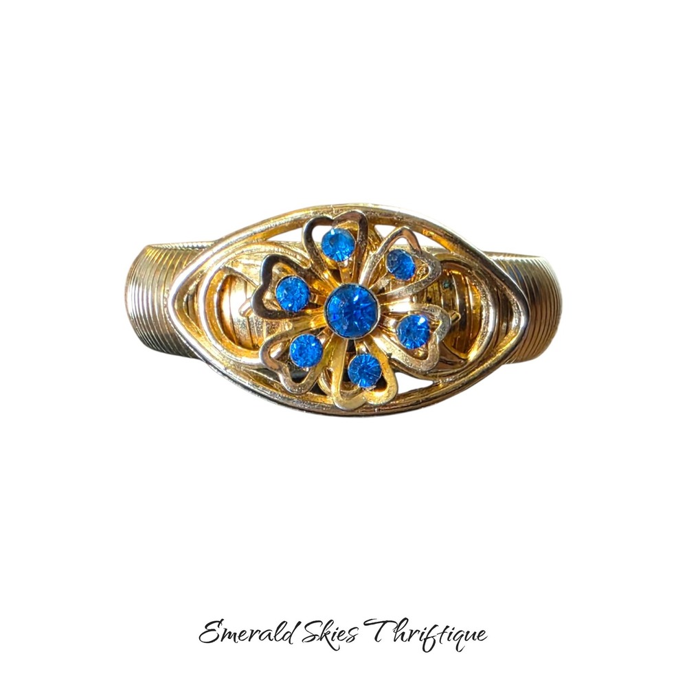 Vintage coro gold tone blue rhinestone stretch bracelet free shipping